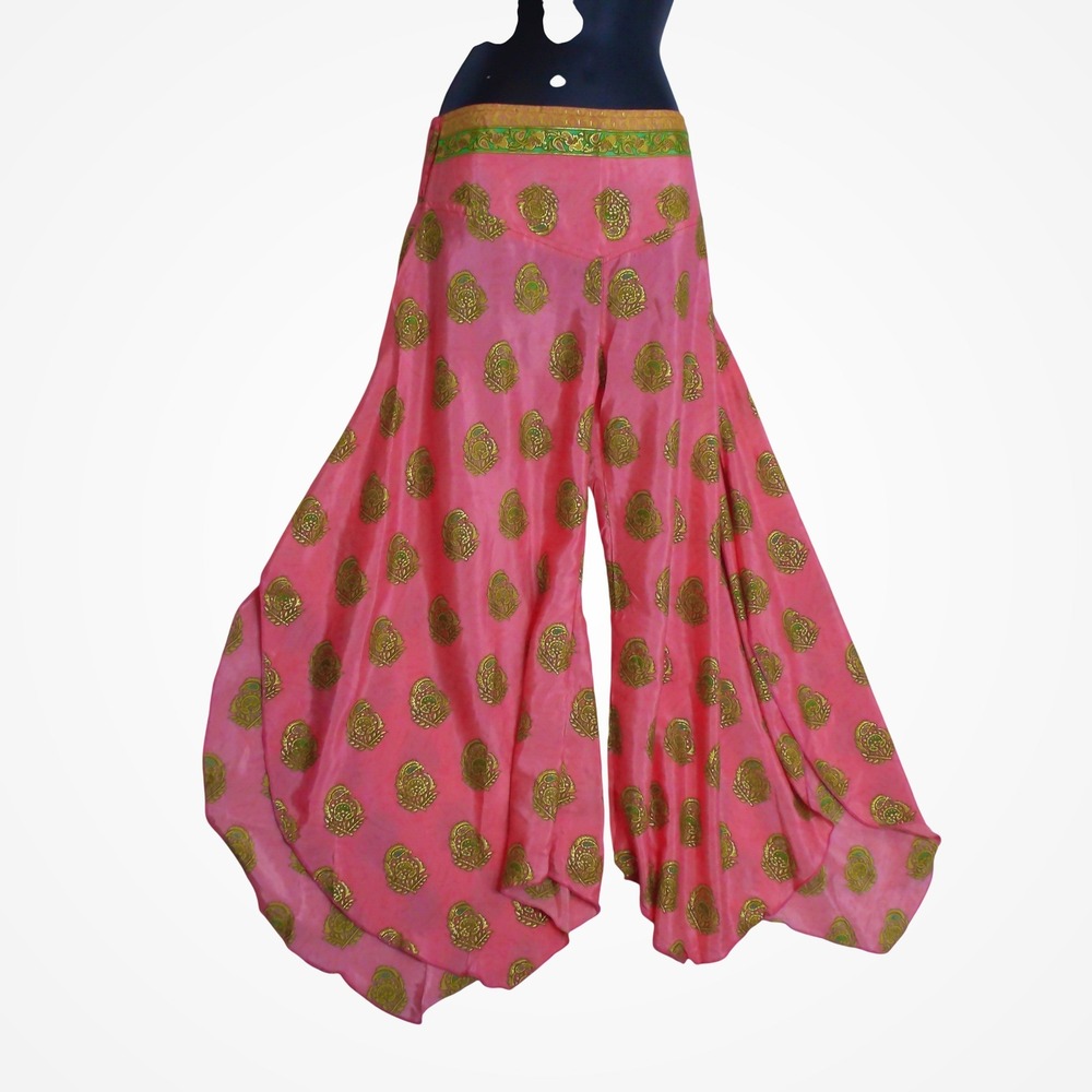 India Boutique Pink Gold Metallic Paisley Wide Leg Palazzo‎ Pants Smocked Waist